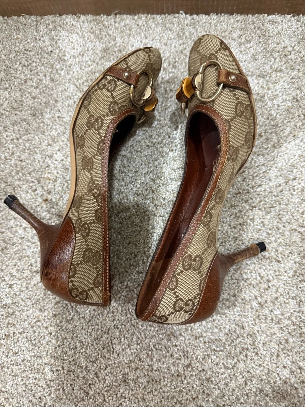 Gucci Beige Brown Monogram Bamboo-Trim High Heels
